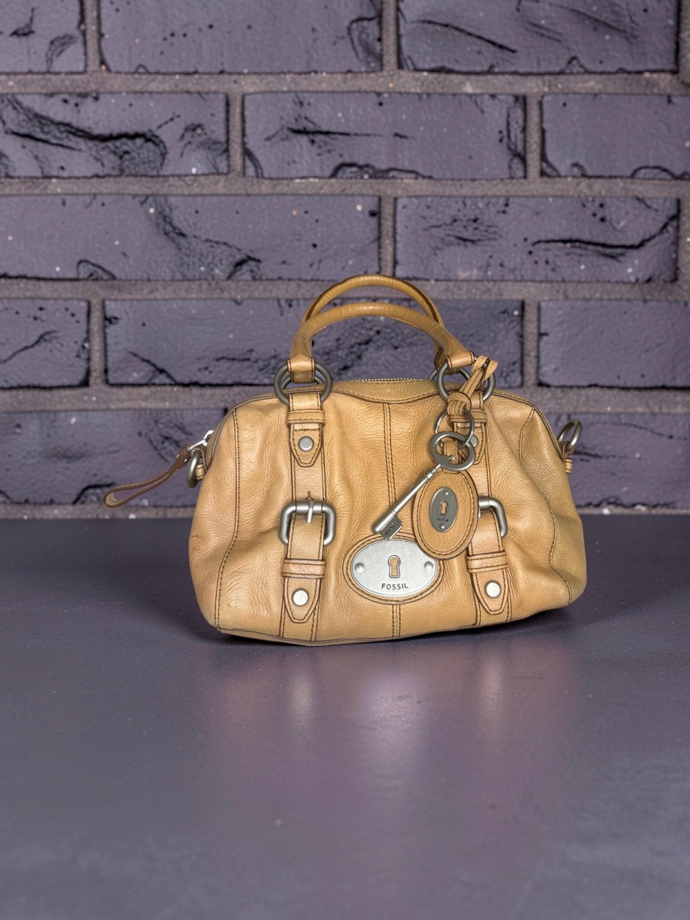 Fossil Maddox Tan Leather Satchel with Key Charm